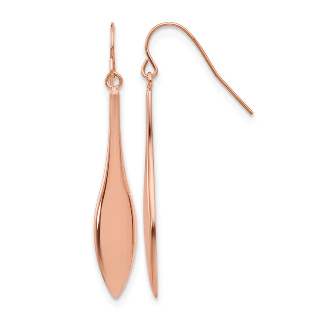 Pair of rose gold teardrop earrings with fish hook wires displayed against a white background.