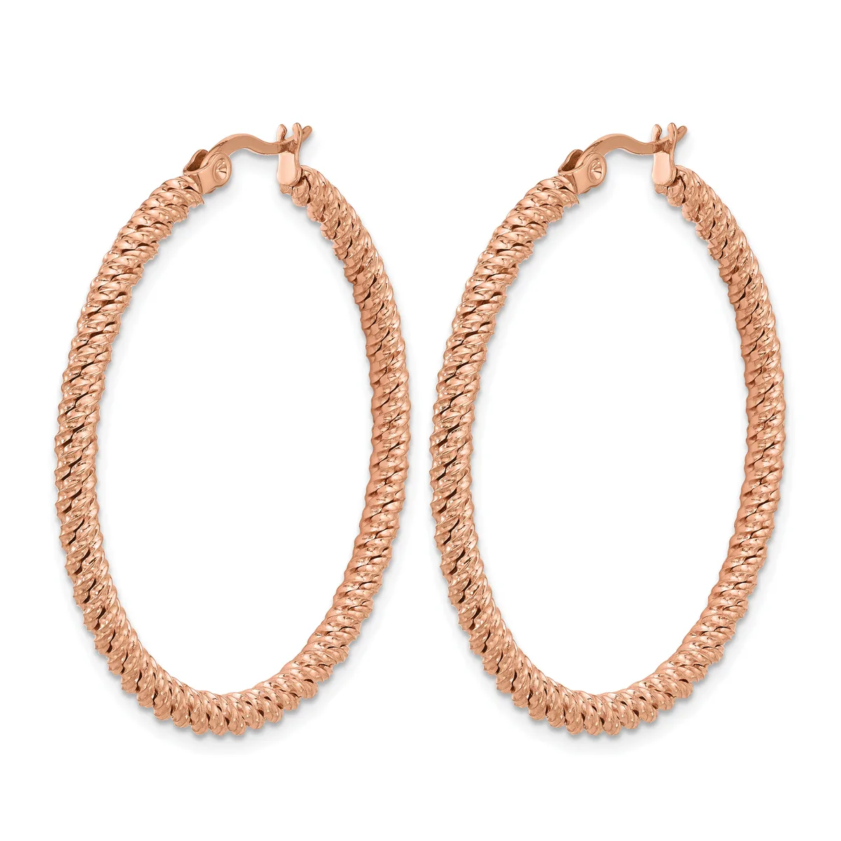 A pair of rose gold textured hoop earrings with twisted diamond-cut pattern and hinged closures, displayed against a white background.