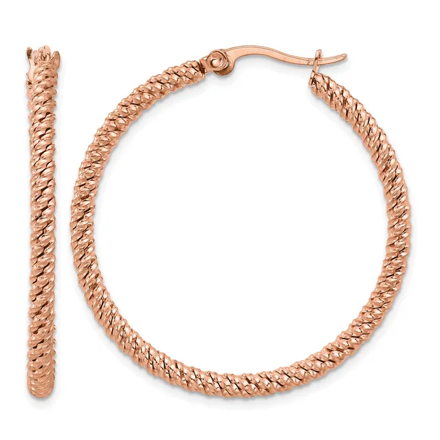 Rose gold textured hoop earrings displayed as a pair, shown from front and side views, with hinged posts and backs.