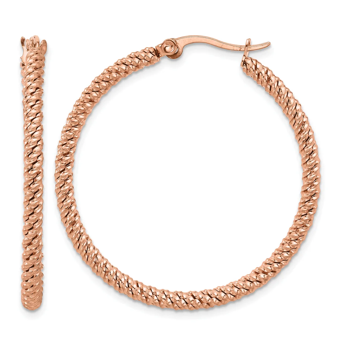 Rose gold textured hoop earrings displayed as a pair, shown from front and side views, with hinged posts and backs.