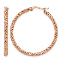 Rose gold textured hoop earrings displayed as a pair, shown from front and side views, with hinged posts and backs.