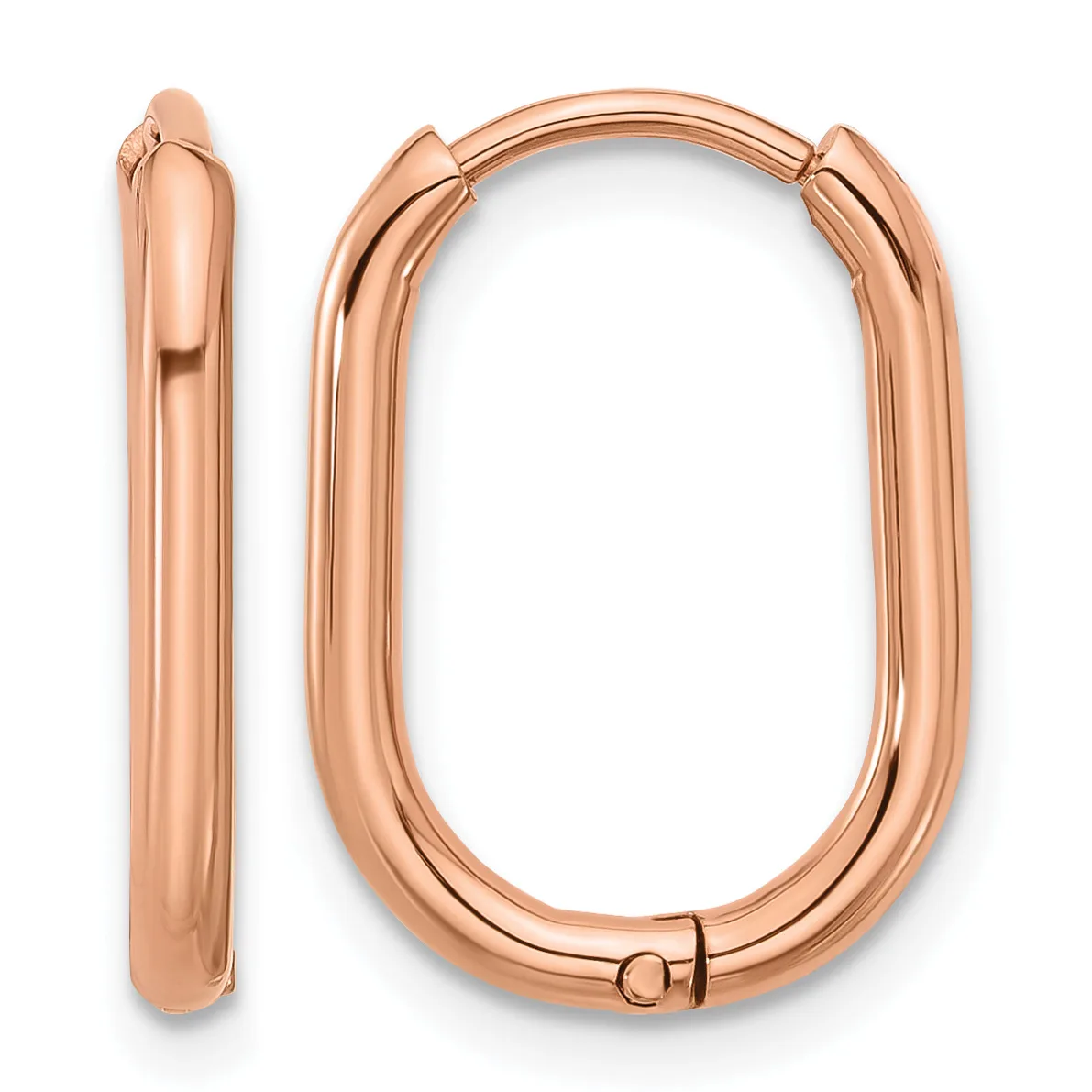 A pair of polished rose gold oval hoop earrings with hinged closures, shown from the front and side views.