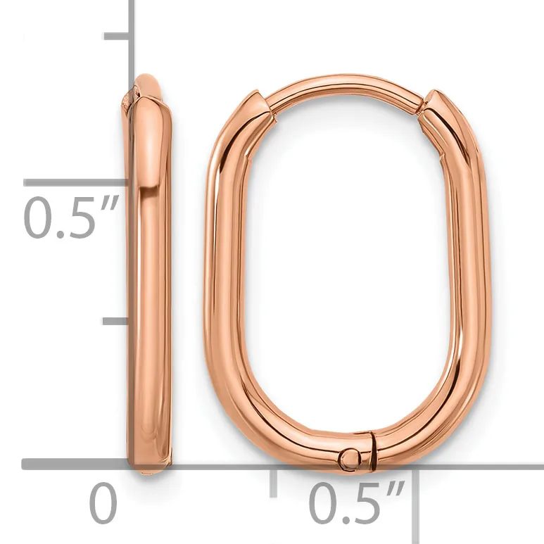 A pair of rose gold-plated rectangular hoop earrings with rounded corners and hinged closures, displayed against a measurement scale showing approximately 0.5 inches in width and height.