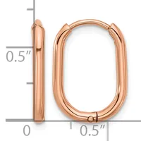 A pair of rose gold-plated rectangular hoop earrings with rounded corners and hinged closures, displayed against a measurement scale showing approximately 0.5 inches in width and height.