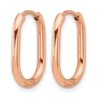 A pair of polished rose gold oval hoop earrings with hinged closures, shown against a white background.