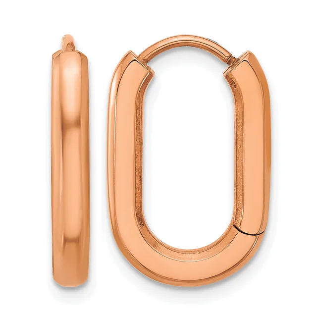 A pair of rose gold oval hoop earrings with rounded edges and a polished finish, shown from the front and side.