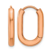 A pair of rose gold oval hoop earrings with rounded edges and a polished finish, shown from the front and side.
