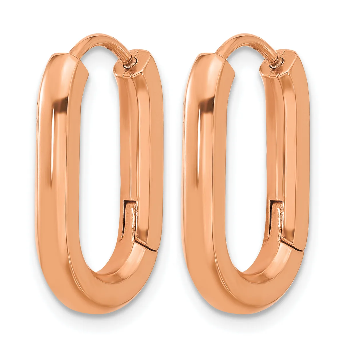 A pair of polished rose gold hoop earrings with a chunky oval shape and hinged closures, shown from the front against a white background.