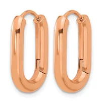 A pair of polished rose gold hoop earrings with a chunky oval shape and hinged closures, shown from the front against a white background.