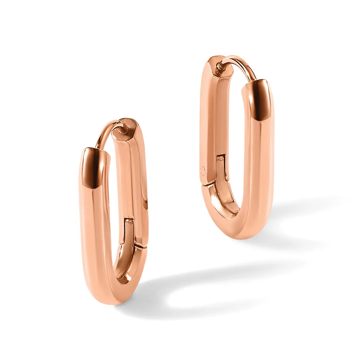 A pair of polished rose gold hoop earrings in different sizes, displayed side by side against a white background.