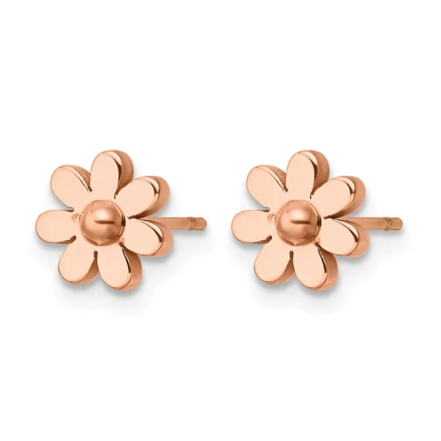 A pair of rose gold flower stud earrings with eight petals surrounding a rounded center dome, shown from the front.