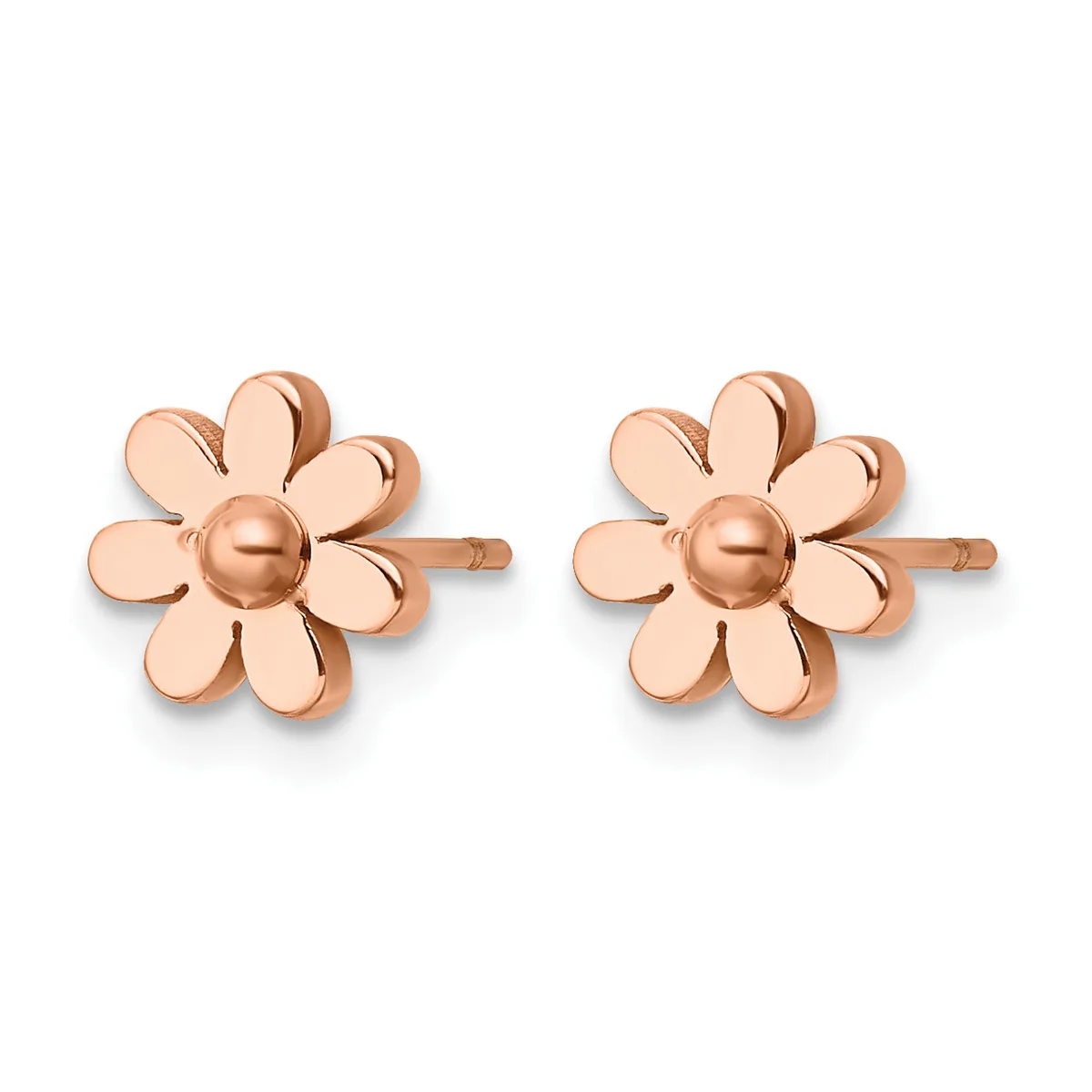 A pair of rose gold flower stud earrings with eight petals surrounding a rounded center dome, shown from the front.