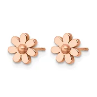 A pair of rose gold flower stud earrings with eight petals surrounding a rounded center dome, shown from the front.