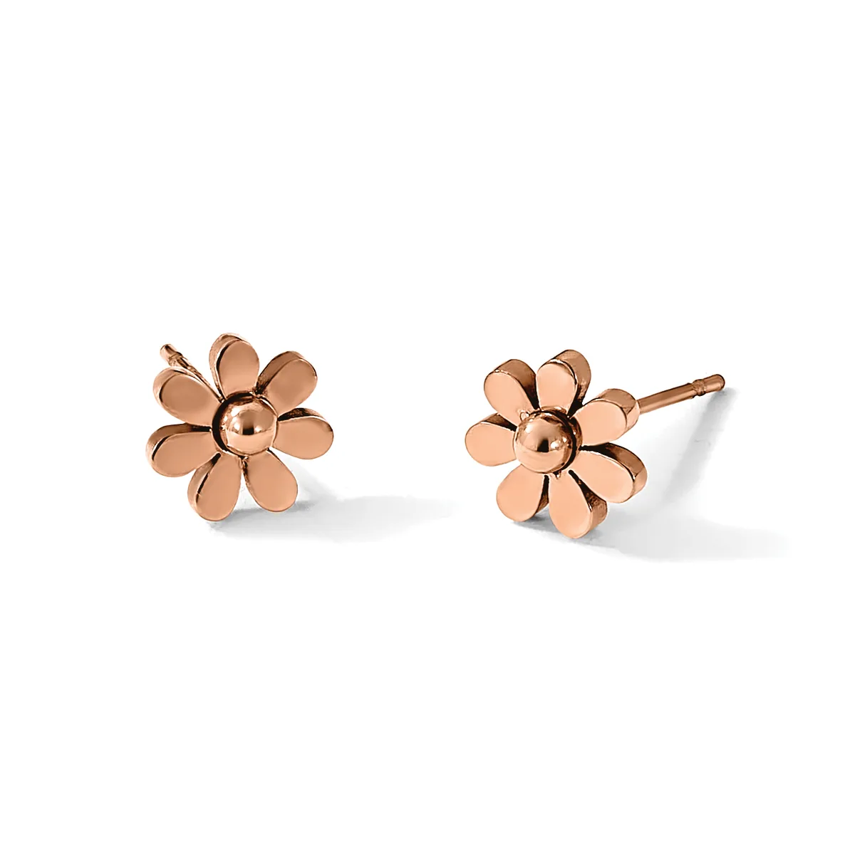 Pair of rose gold flower stud earrings with rounded petals and a central sphere, shown from front and angled views against a white background.