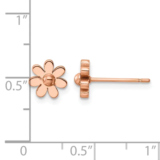 Rose gold flower stud earrings with six petals and a round center, displayed next to a measurement ruler showing approximately 0.5 inches in width.