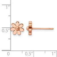 Rose gold flower stud earrings with six petals and a round center, displayed next to a measurement ruler showing approximately 0.5 inches in width.