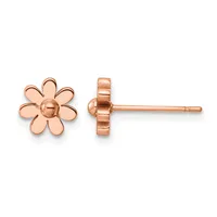A pair of rose gold flower stud earrings shown from front and side views, featuring six rounded petals surrounding a dome center with a post and backing.