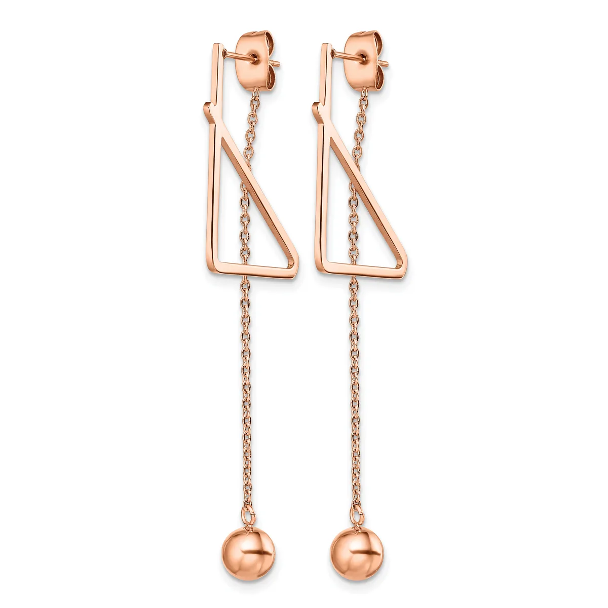 Pair of rose gold drop earrings with triangular geometric frames and delicate chains suspending small spherical pendants.