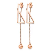 Pair of rose gold drop earrings with triangular geometric frames and delicate chains suspending small spherical pendants.