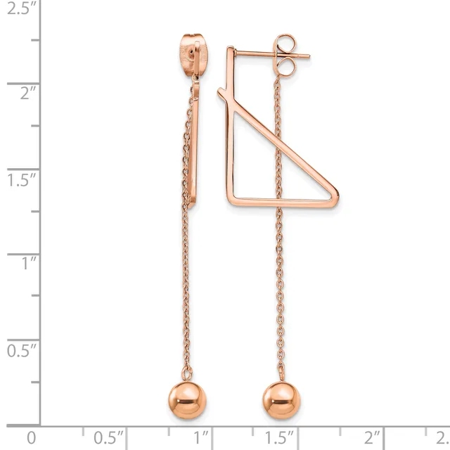 Pair of rose gold dangle earrings with triangular frames and chain drops topped with small spheres, displayed against a ruler measuring approximately 2.25 inches in length.