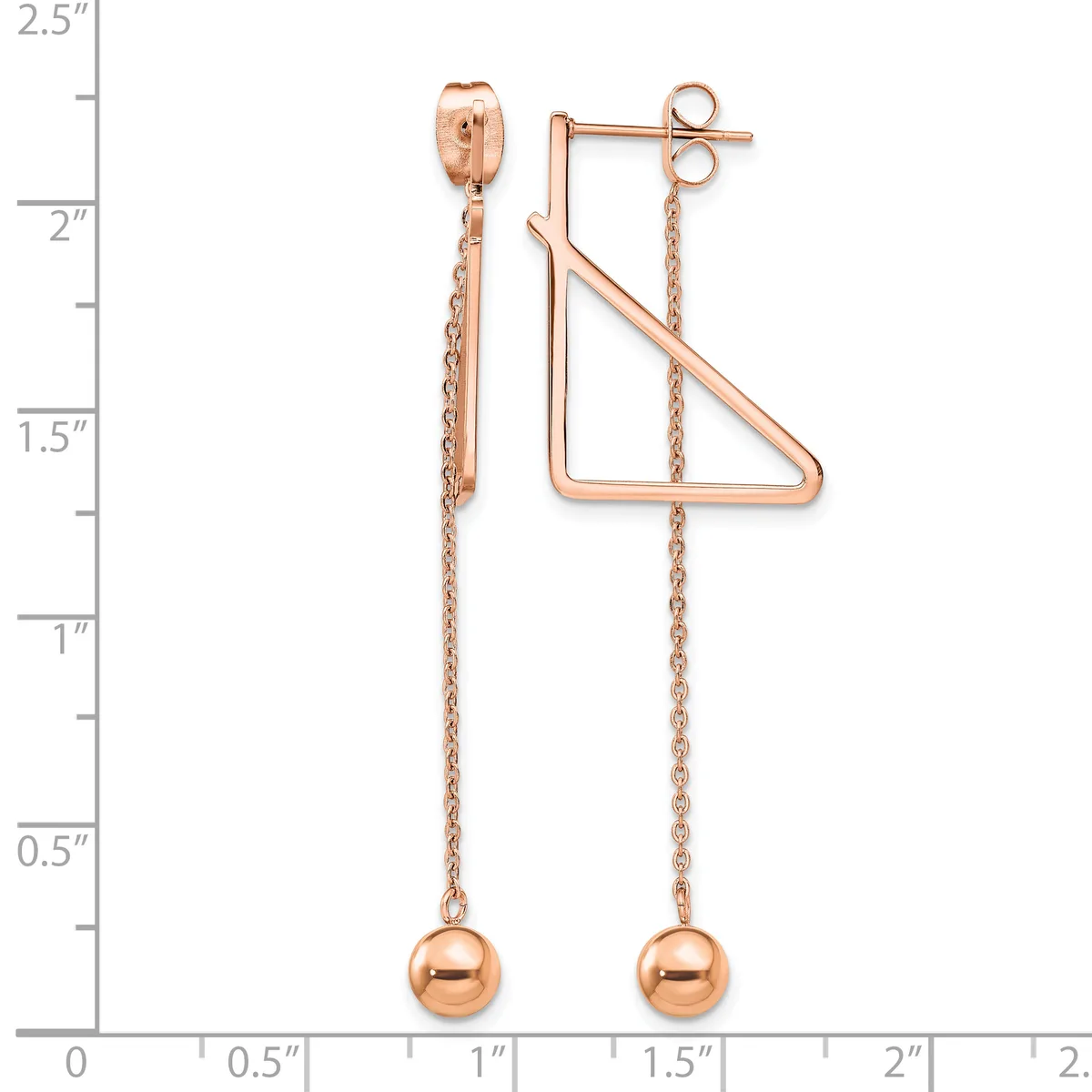 Pair of rose gold dangle earrings with triangular frames and chain drops topped with small spheres, displayed against a ruler measuring approximately 2.25 inches in length.