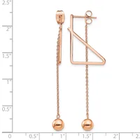 Pair of rose gold dangle earrings with triangular frames and chain drops topped with small spheres, displayed against a ruler measuring approximately 2.25 inches in length.