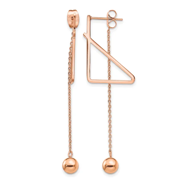 Pair of rose gold drop earrings with geometric rectangular frames and dangling chains ending in small spheres.