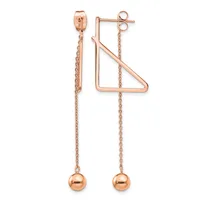 Pair of rose gold drop earrings with geometric rectangular frames and dangling chains ending in small spheres.