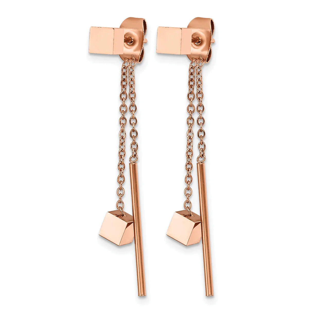 Pair of rose gold drop earrings with cubic studs at top, delicate chain links, vertical bar accents, and small cube charms hanging at the bottom.