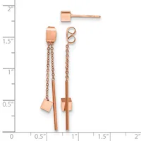 Three rose gold earrings displayed against a ruler showing measurements up to two inches: stud earrings with square tops, and two pairs of drop earrings with chain and bar designs.