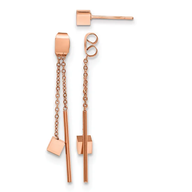 Rose gold earring set displayed in three styles: small square studs, long chain drop earrings with cube charms, and threader-style earrings with rectangular bars.