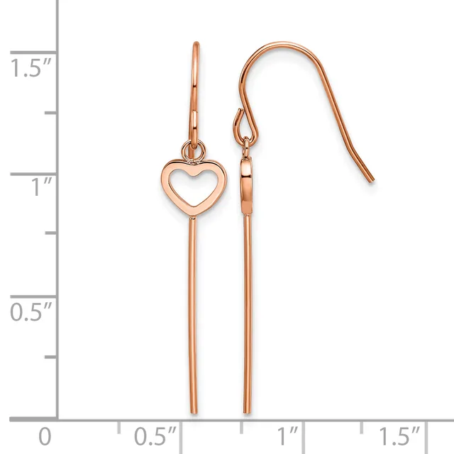 Pair of rose gold-plated drop earrings with open heart charms and long bar stems, displayed against a measurement scale showing approximately 1.5 inches in length.
