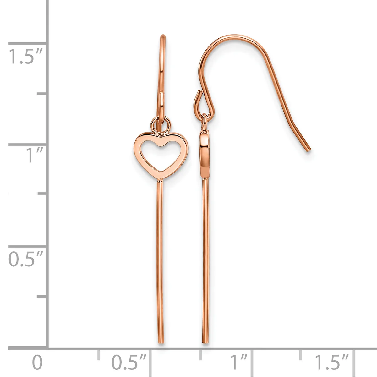 Pair of rose gold-plated drop earrings with open heart charms and long bar stems, displayed against a measurement scale showing approximately 1.5 inches in length.