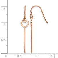 Pair of rose gold-plated drop earrings with open heart charms and long bar stems, displayed against a measurement scale showing approximately 1.5 inches in length.