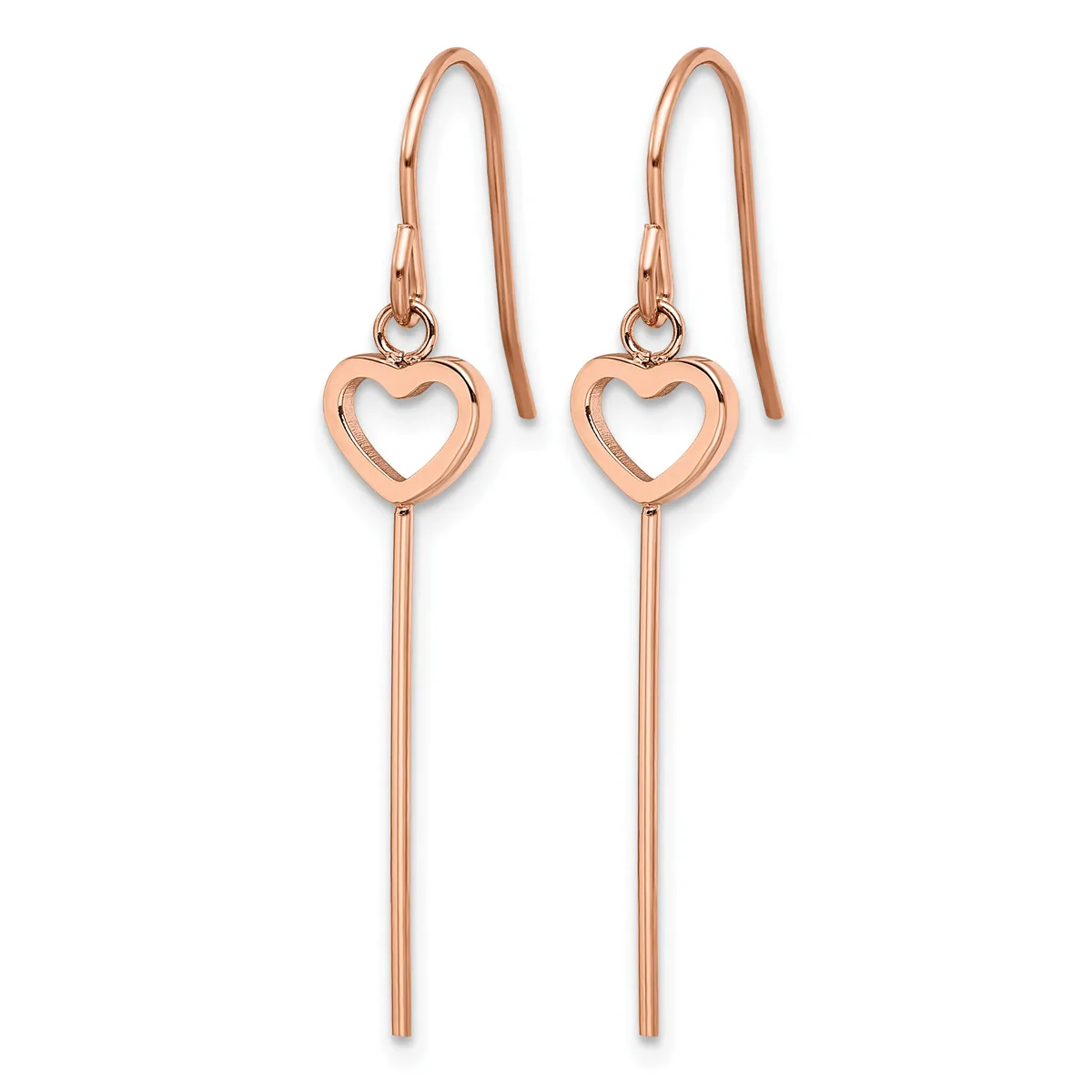 A pair of rose gold-toned dangle earrings featuring open heart charms attached to long cylindrical bars, suspended from curved ear wires.