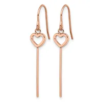 A pair of rose gold-toned dangle earrings featuring open heart charms attached to long cylindrical bars, suspended from curved ear wires.