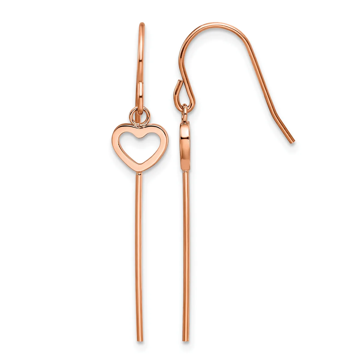 A pair of rose gold drop earrings with open heart charms and long cylindrical stems, suspended from curved ear wires.