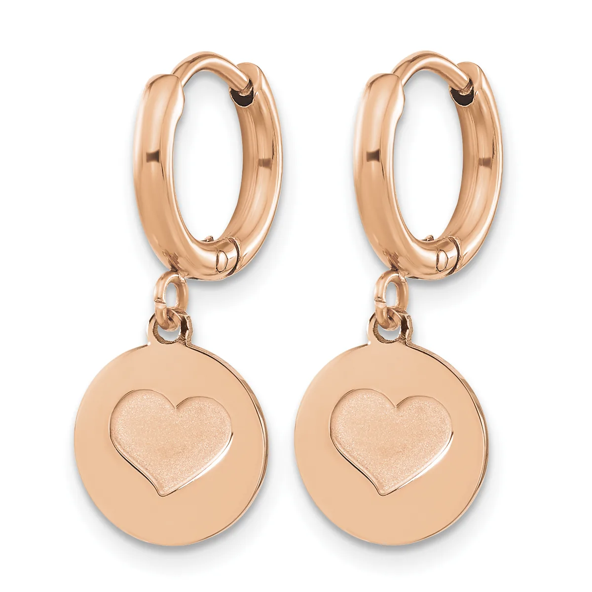 Pair of rose gold hoop earrings with dangling circular charms featuring embossed heart designs.
