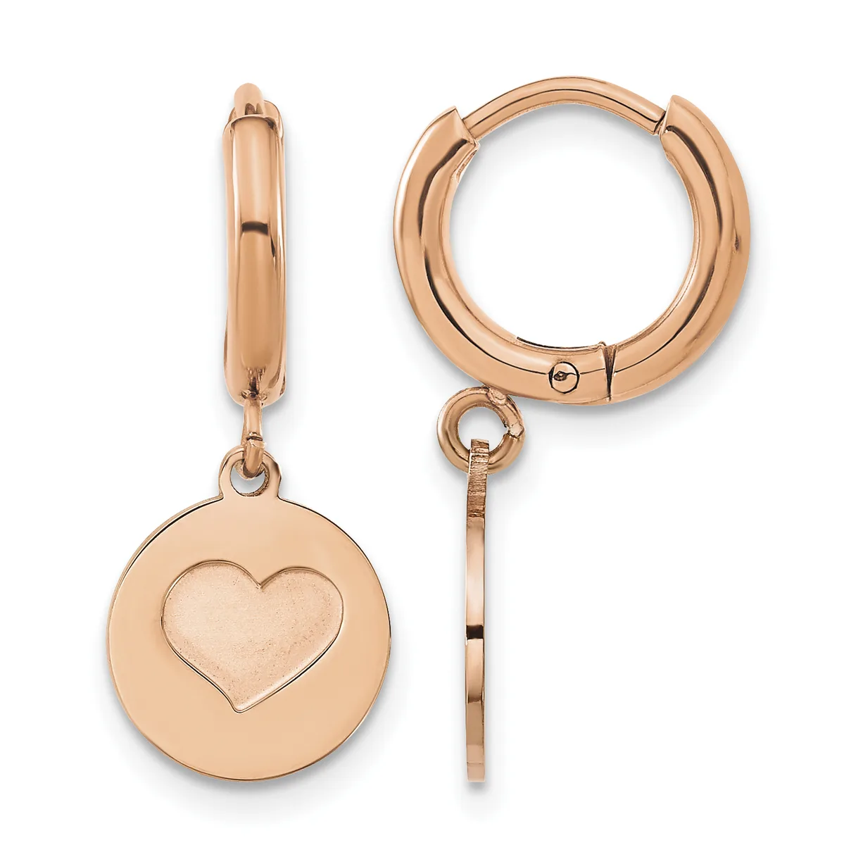 Pair of rose gold-colored huggie hoop earrings with detachable circular charms featuring engraved heart designs, shown from front and side views.