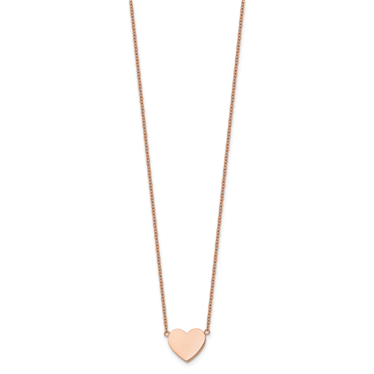 Rose gold heart-shaped pendant hanging from a delicate rose gold chain against a white background.
