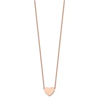 Rose gold heart-shaped pendant hanging from a delicate rose gold chain against a white background.