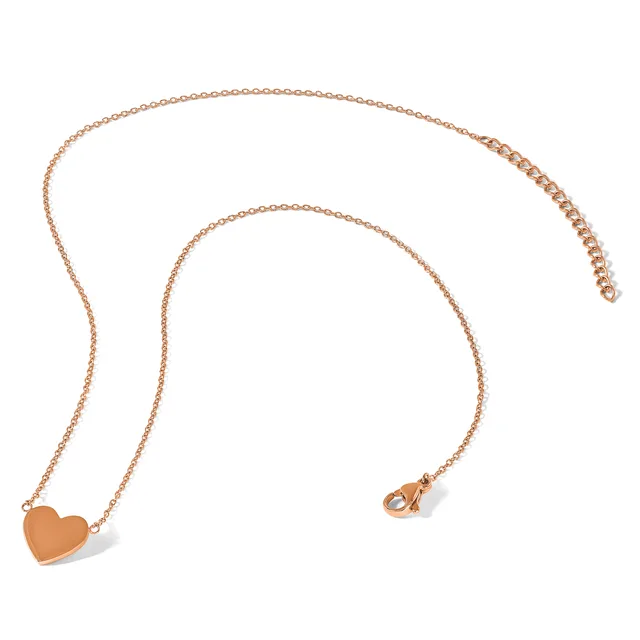 Rose gold chain necklace with a small heart pendant and lobster claw clasp, displayed laid out on a white background.