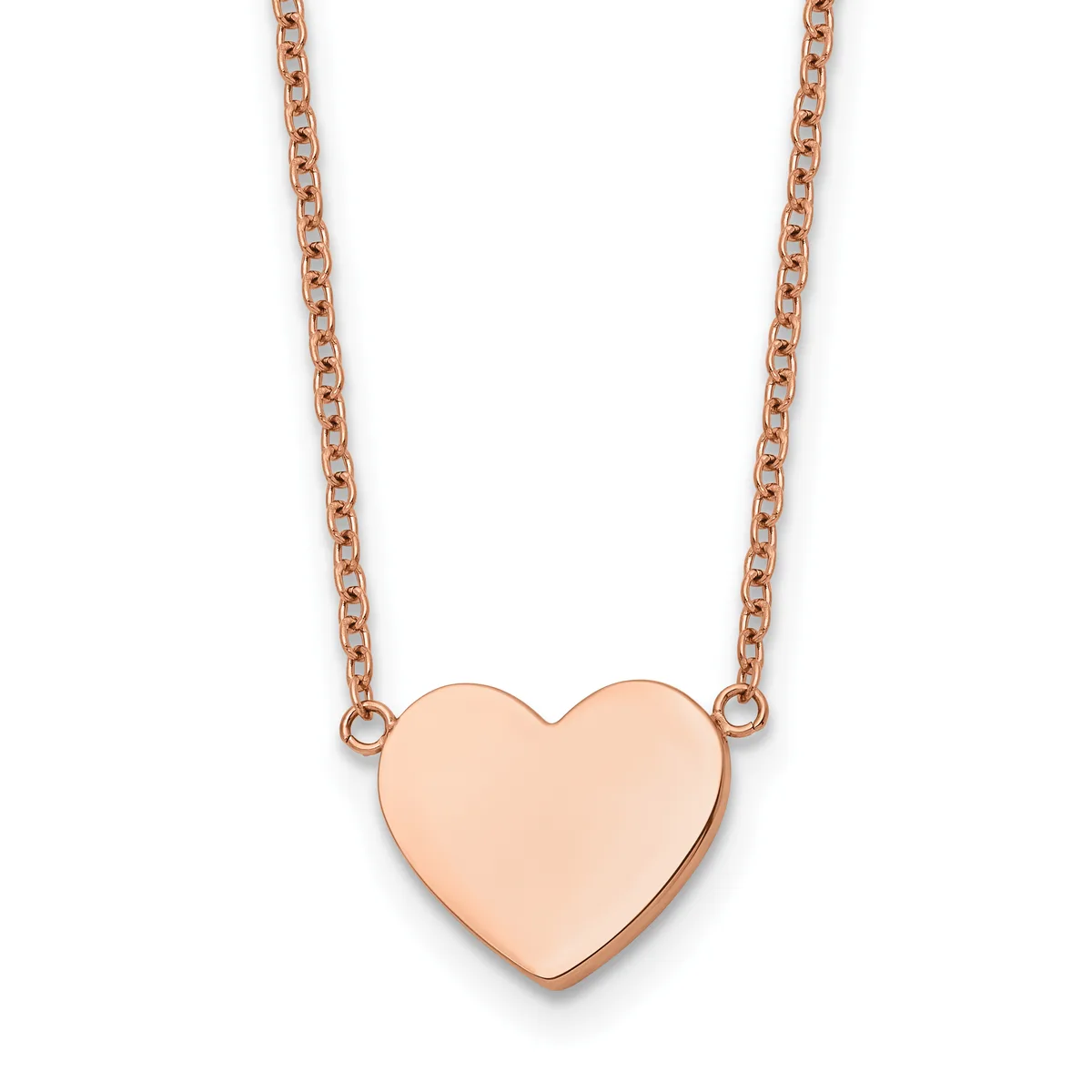 Rose gold heart pendant necklace with chain on white background.