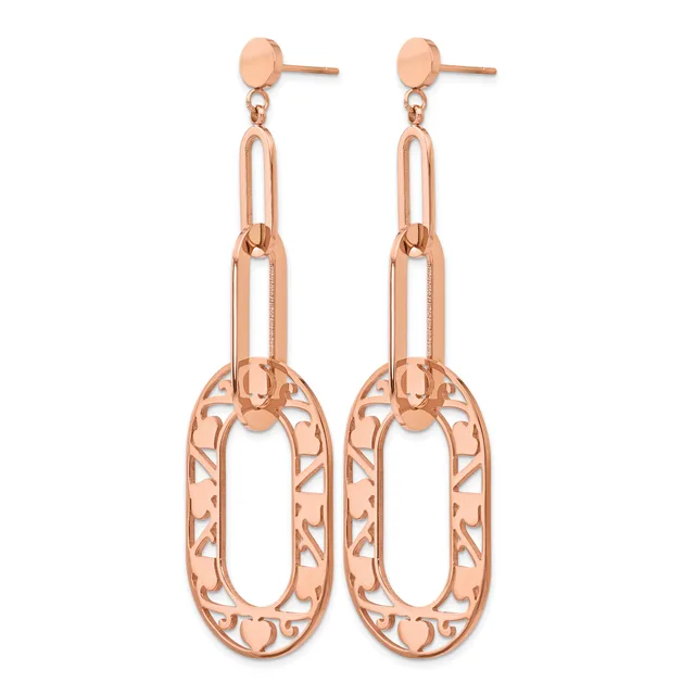 A pair of rose gold drop earrings with stud posts featuring linked oval and rectangular chain-like elements with an openwork filigree pattern throughout.