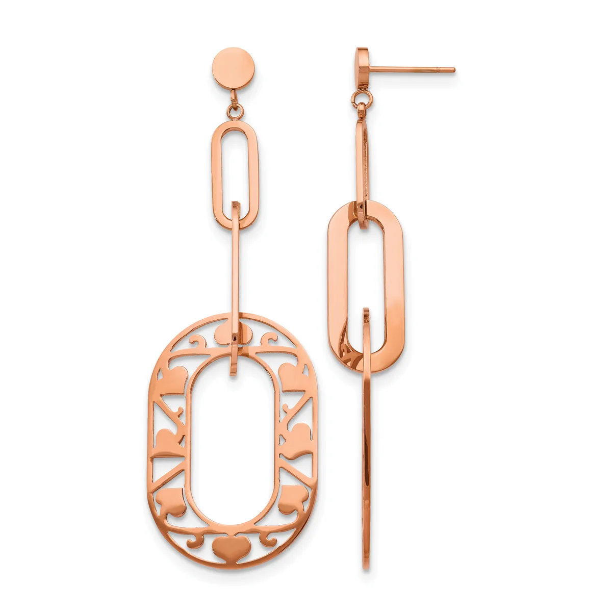 Pair of rose gold dangle earrings with stud posts, each featuring nested oval links with an ornamental cutout pattern and a vertical bar connector.