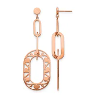 Pair of rose gold dangle earrings with stud posts, each featuring nested oval links with an ornamental cutout pattern and a vertical bar connector.