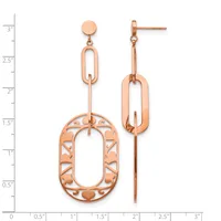 Pair of rose gold dangle earrings with ornate oval cutout designs, featuring small round studs at top and connected chain links, displayed against a measurement scale.