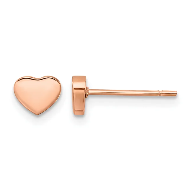 A pair of rose gold heart-shaped stud earrings shown from the front and side view against a white background.