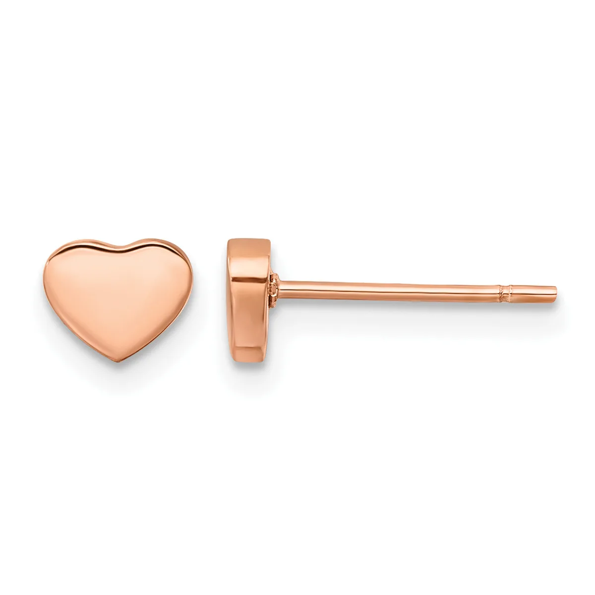 A pair of rose gold heart-shaped stud earrings shown from the front and side view against a white background.