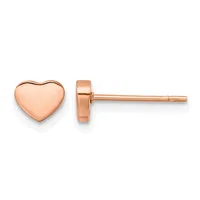 A pair of rose gold heart-shaped stud earrings shown from the front and side view against a white background.